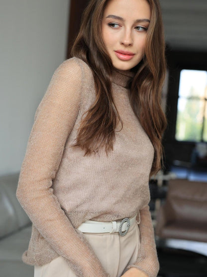 Lace-Knit Round Neck Pullover