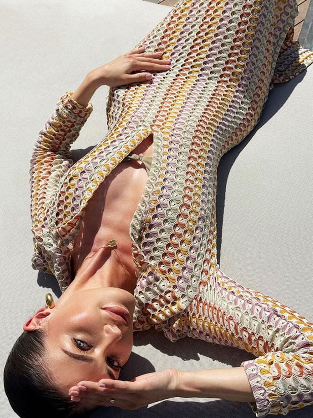 Robe longue bohème à col en V, fendue, à rayures ondulées, en crochet, pour la plage et les vacances - Marron
