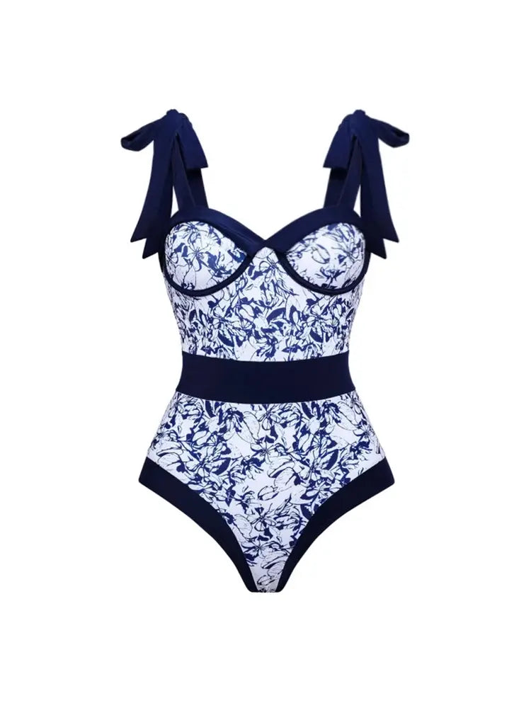 Maillot de bain une pièce à imprimé contrasté et bretelles nouées