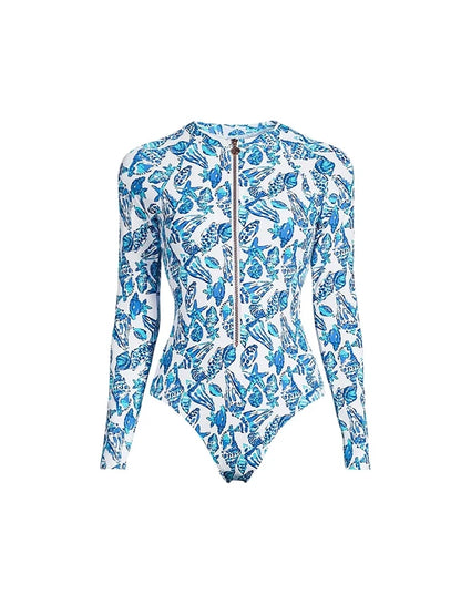 Green Zip-Up Floral Surf Swimsuit Set