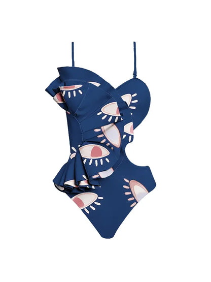 Evil Eye Ruffle Cutout One Piece Swimsuit