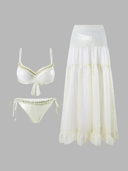 Ruched Tie-String Glossy White Bikini Set