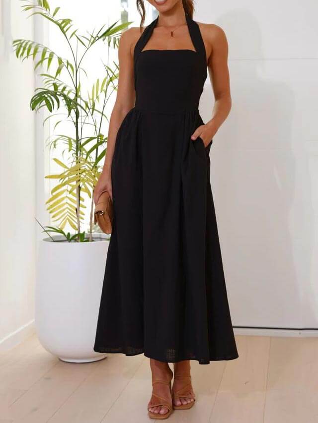 Robe mi-longue noire à col licou et taille basse