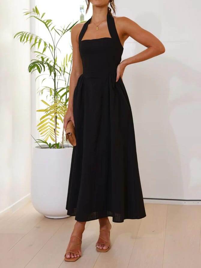 Robe mi-longue noire à col licou et taille basse