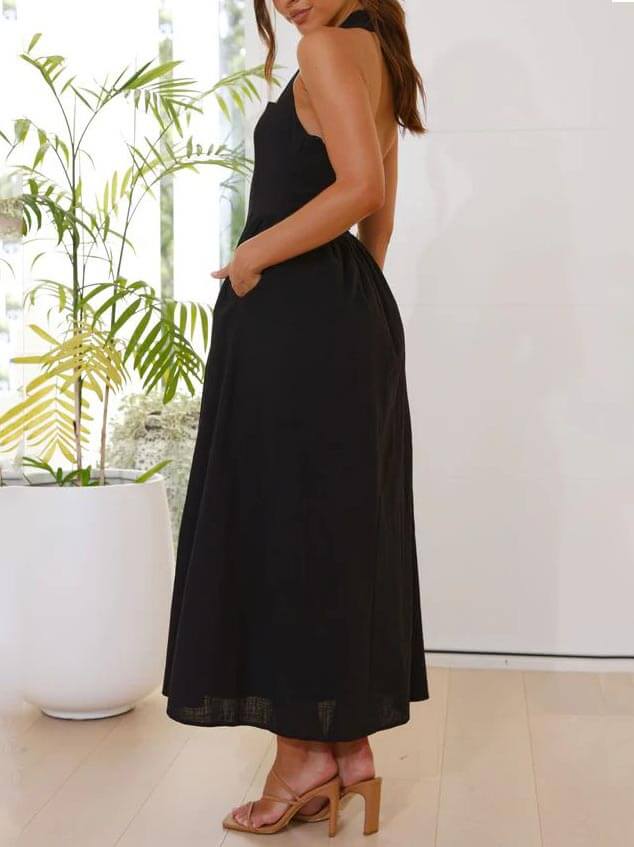 Robe mi-longue noire à col licou et taille basse