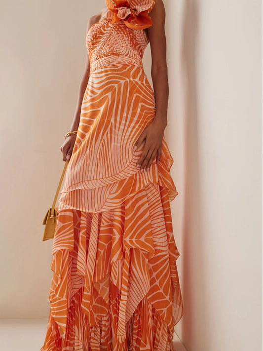 One-Shoulder Floral Salmon Print Swimsuit