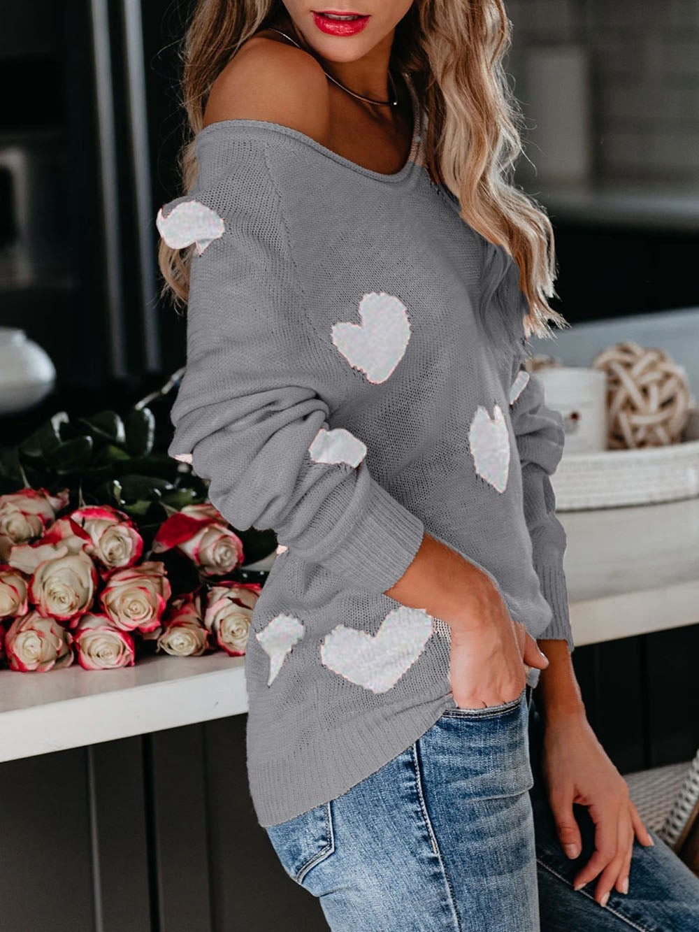 Pull en tricot à col en V pour la Saint-Valentin