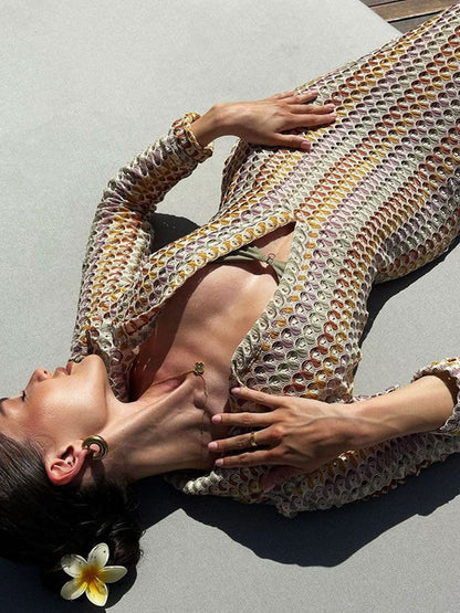 Robe longue bohème à col en V, fendue, à rayures ondulées, en crochet, pour la plage et les vacances - Marron