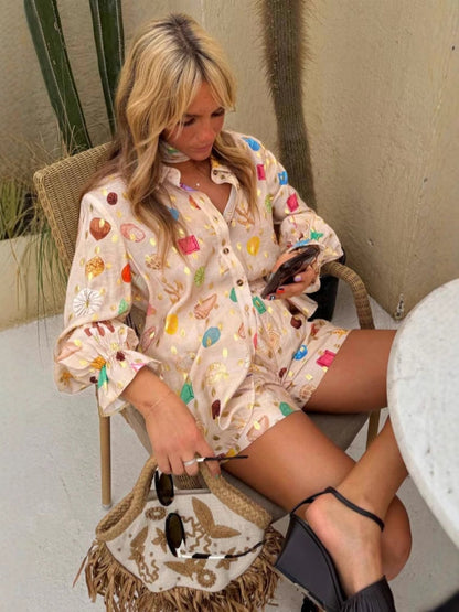 Stylish Linen Gold-Print Shorts Set