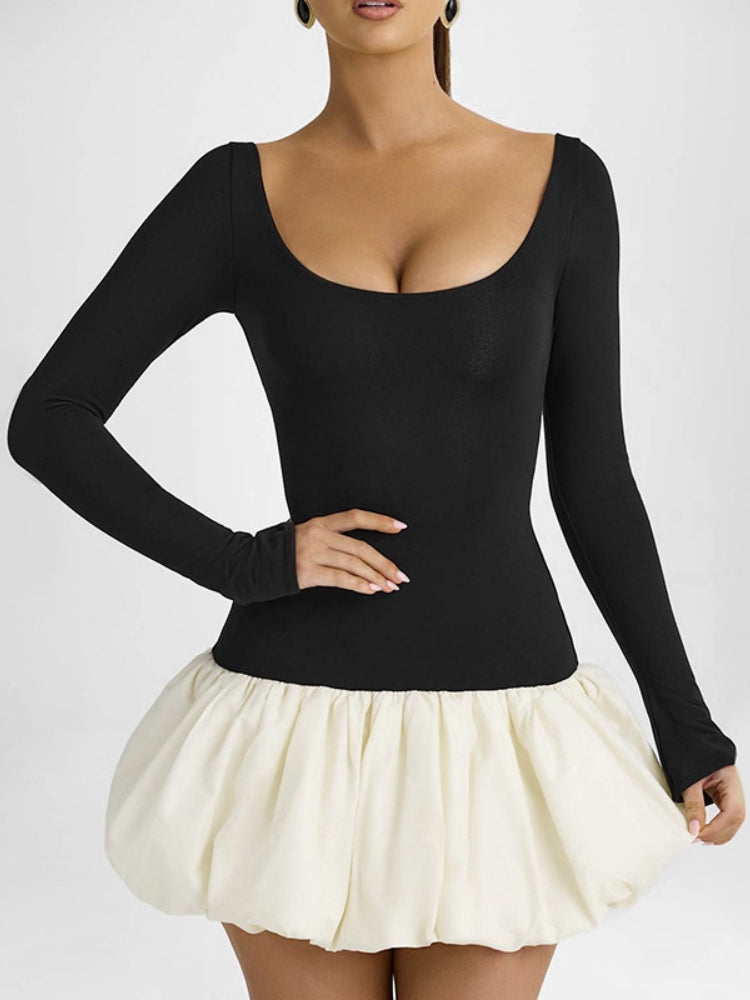 Robe élégante à col en U et à blocs de couleurs