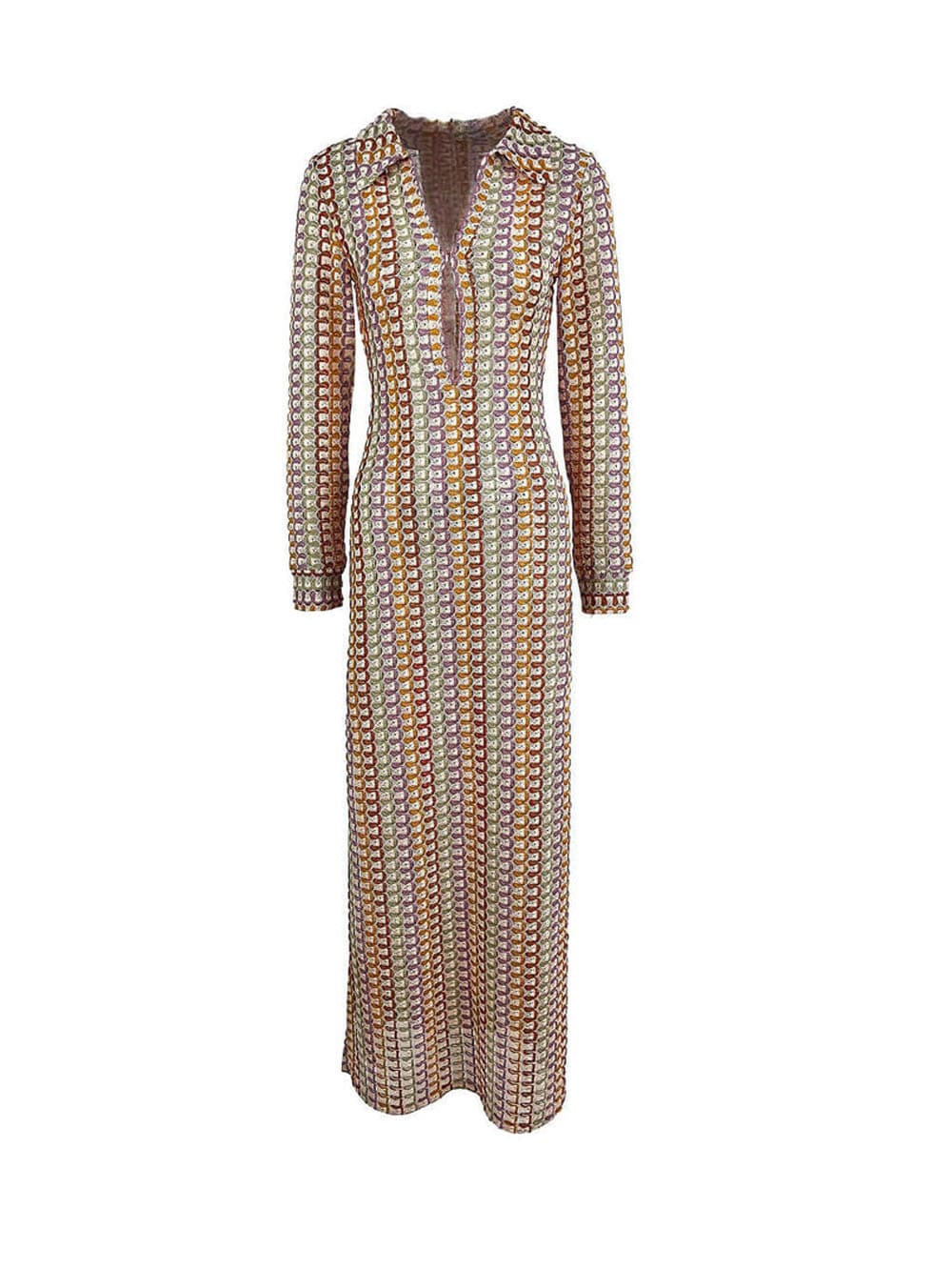 Robe longue bohème à col en V, fendue, à rayures ondulées, en crochet, pour la plage et les vacances - Marron