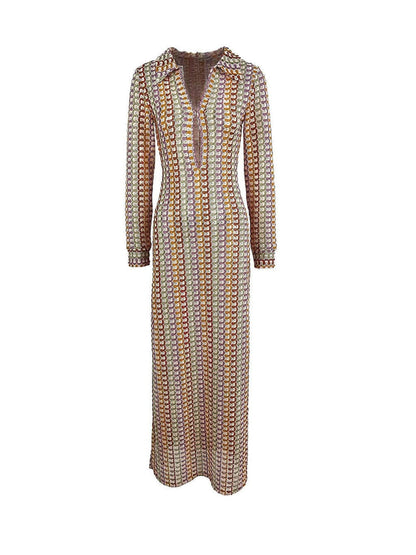 Robe longue bohème à col en V, fendue, à rayures ondulées, en crochet, pour la plage et les vacances - Marron