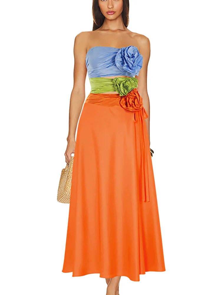 Ensemble à bretelles spaghetti et à découpes florales colorblock