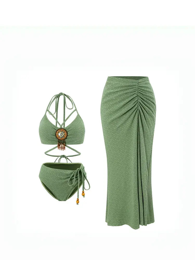 Ensemble bikini Boho vert sauge pour femme
