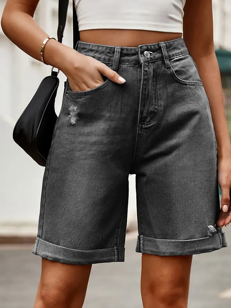 Bermuda en denim à revers vieilli
