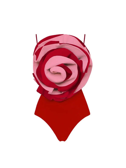 Red Statement Floral Contrast Swimsuit Set