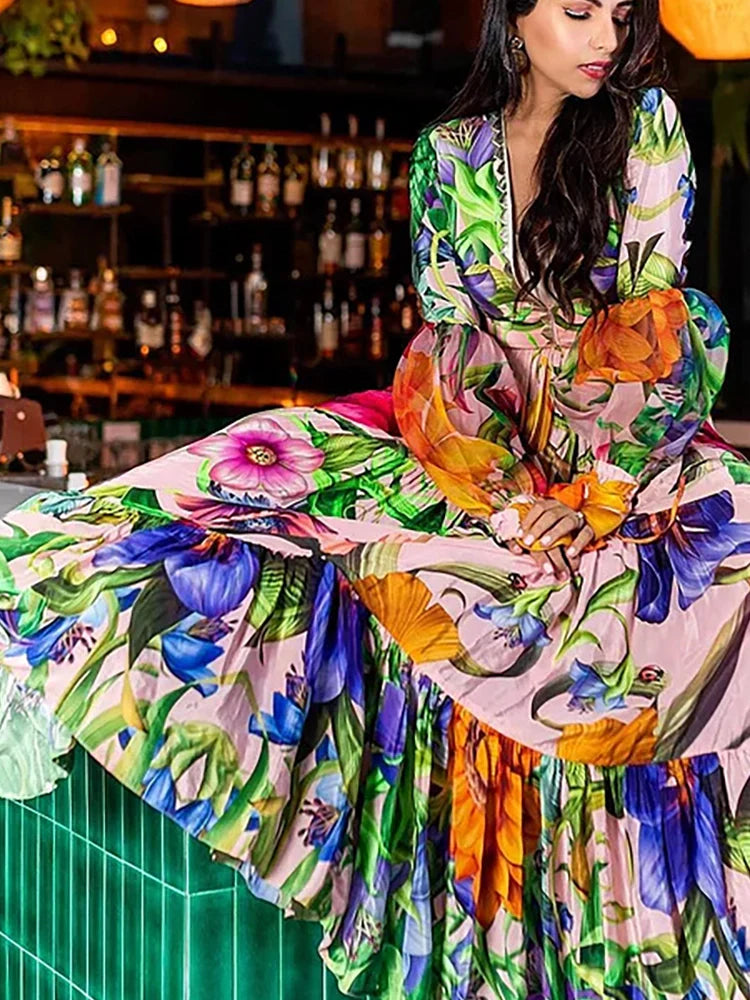 Maillot de bain imprimé à manches lanternes et décolleté en V profond