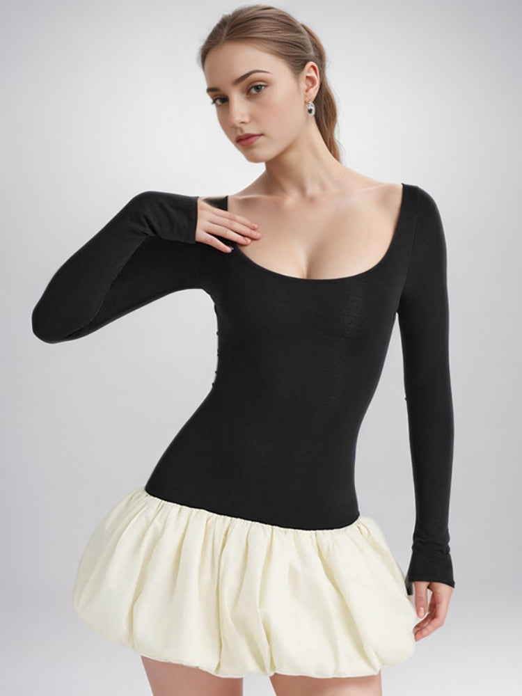 Robe élégante à col en U et à blocs de couleurs