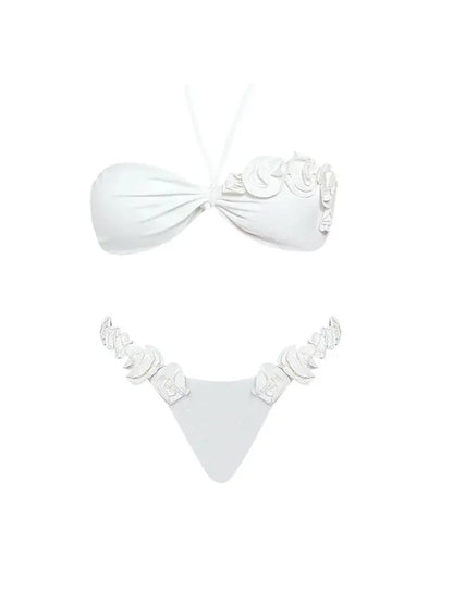Halter Solid Color Floral Embellished Swimsuit
