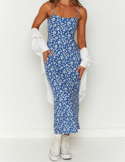 Robe midi fleurie bleue Delphine