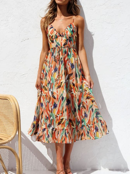 Robe débardeur mi-longue à volants et fleurs 