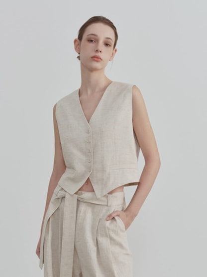 Gilet sans manches à col en V en coton et lin