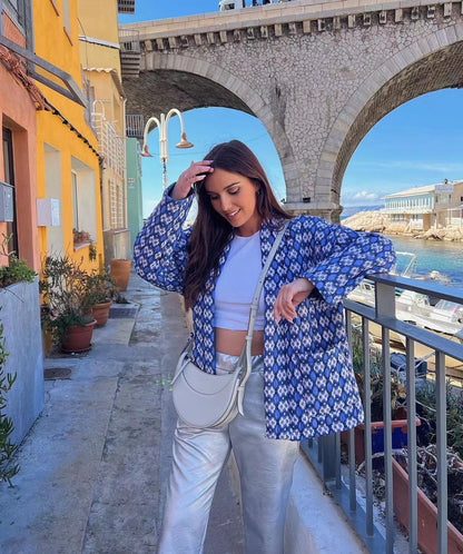 Veste matelassée à poches et imprimé floral à motifs géométriques