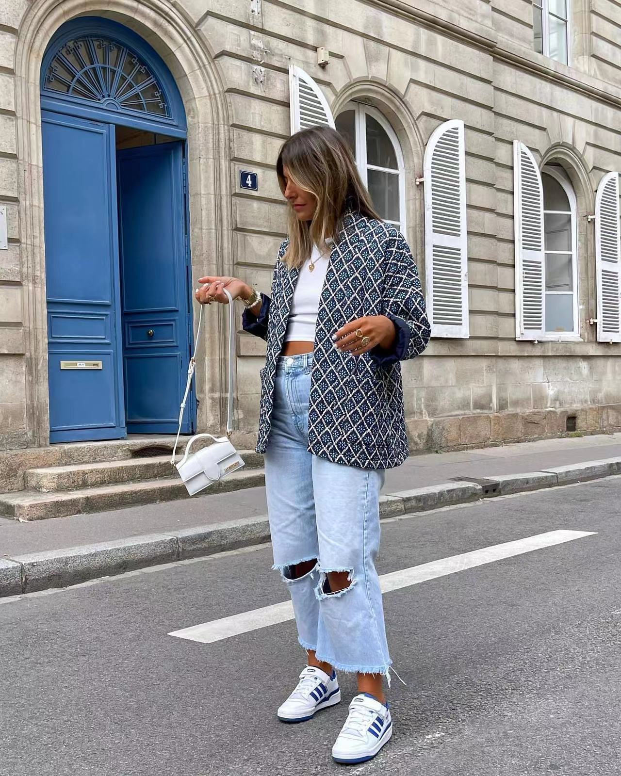 Veste matelassée à poches et imprimé floral à motifs géométriques