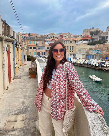 Veste matelassée à poches et imprimé floral à motifs géométriques