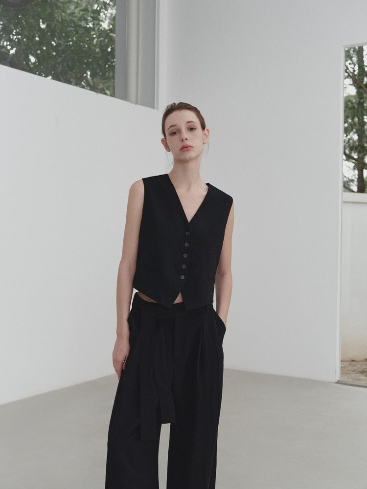 Gilet sans manches à col en V en coton et lin