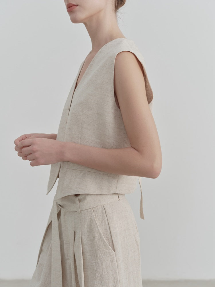 Gilet sans manches à col en V en coton et lin