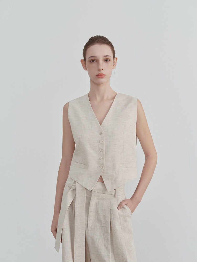 Gilet sans manches à col en V en coton et lin