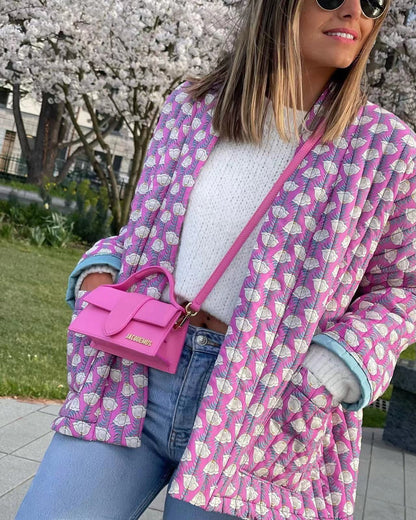 Veste matelassée à poches et imprimé floral à motifs géométriques