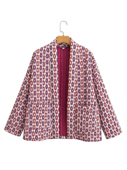 Veste matelassée à poches et imprimé floral à motifs géométriques