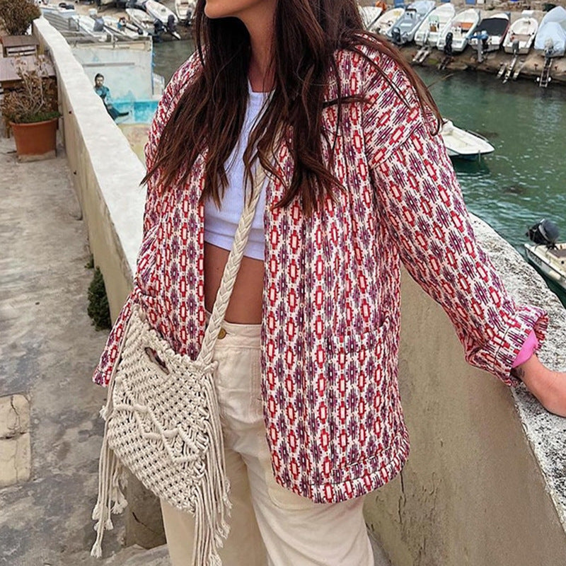 Veste matelassée à poches et imprimé floral à motifs géométriques