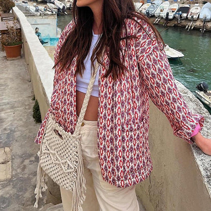 Veste matelassée à poches et imprimé floral à motifs géométriques