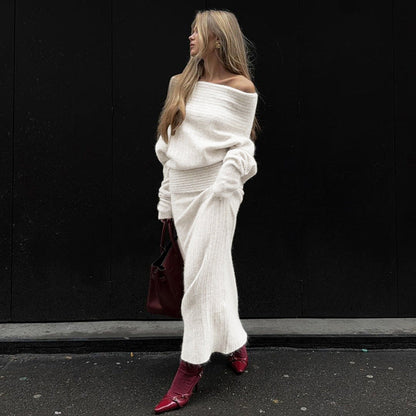 Stretch Off-Shoulder Sweater And Long Skirt Set