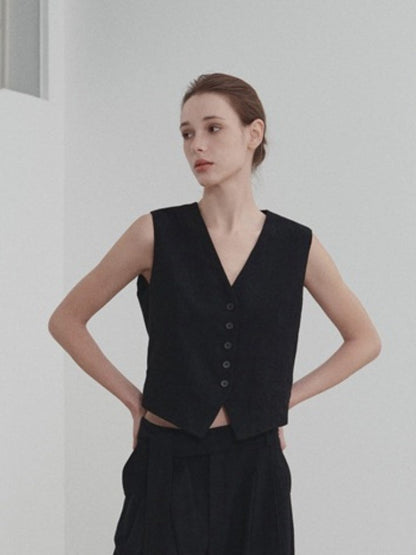 Gilet sans manches à col en V en coton et lin