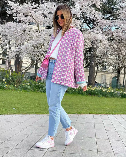 Veste matelassée à poches et imprimé floral à motifs géométriques