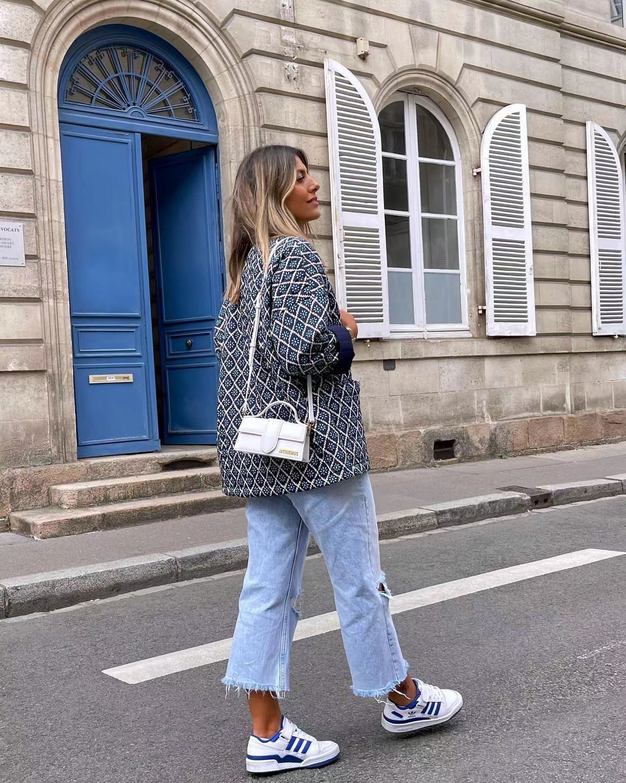 Veste matelassée à poches et imprimé floral à motifs géométriques