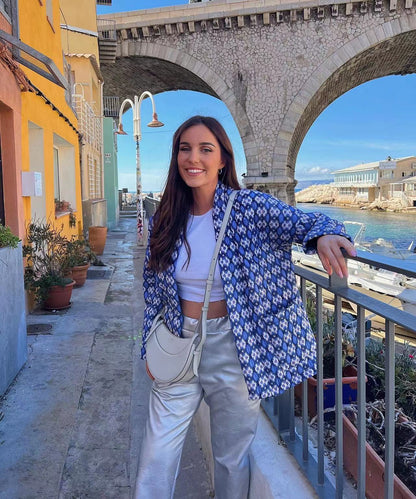 Veste matelassée à poches et imprimé floral à motifs géométriques