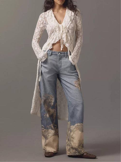 Bohemian Printed Wide Leg Jeans