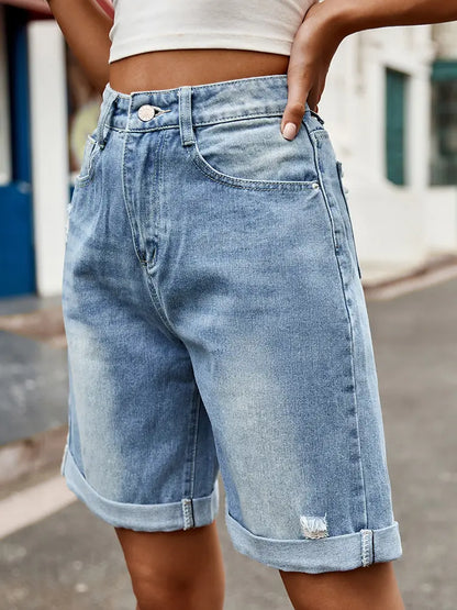 Bermuda en denim à revers vieilli