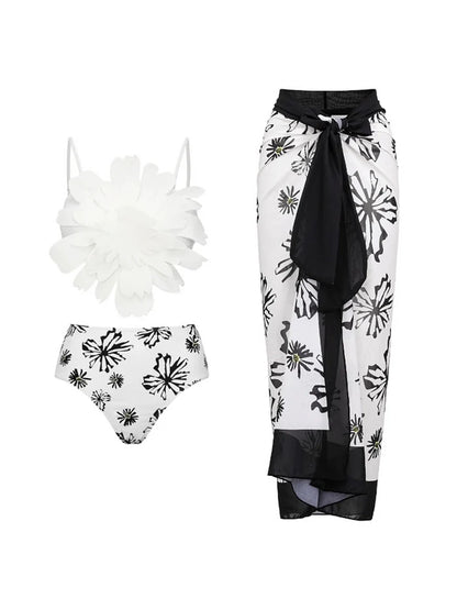 Floral Trim White Printed Bikini Set