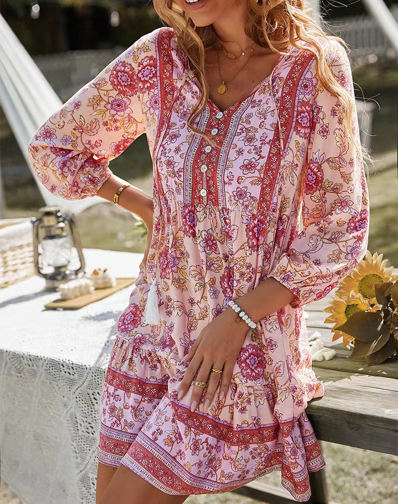 Robe courte décontractée bohème imprimée à col en V