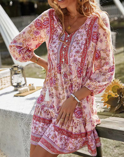 Robe courte décontractée bohème imprimée à col en V