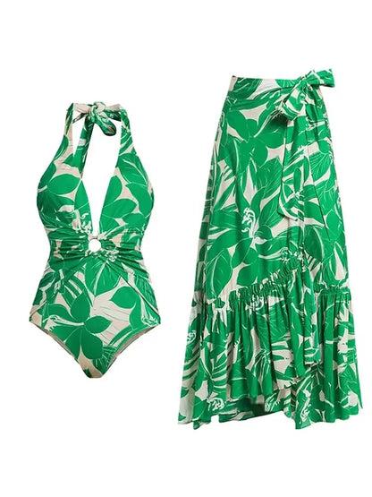 Maillot de bain une pièce vert à décolleté en V profond et dos nu