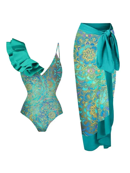 Maillot de bain une pièce imprimé bohème à volants